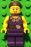 LEGO LLP005 LEGOLAND Park Female, Dark Purple Blouse with Gold Sash and Flowers Pattern, Dark Brown Hair