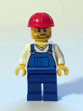 LEGO cty0555 Overalls Blue over V-Neck Shirt, Blue Legs, Red Construction Helmet, Crooked Smile and Scar