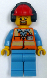 LEGO cty0688 Orange Safety Vest with Reflective Stripes, Medium Blue Legs, Red Construction Helmet with Headset
