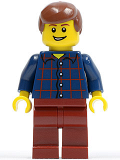 LEGO hol030 Plaid Button Shirt, Dark Red Legs, Reddish Brown Male Hair, Open Grin