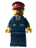 LEGO trn237 Dark Blue Suit with Train Logo, Dark Blue Legs, Dark Red Hat, Brown Moustache and Goatee