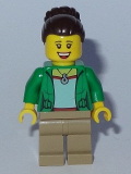 LEGO twn301 Mom - Green Female Jacket Open with Necklace, Dark Tan Legs, Dark Brown Hair with Bun (31069)